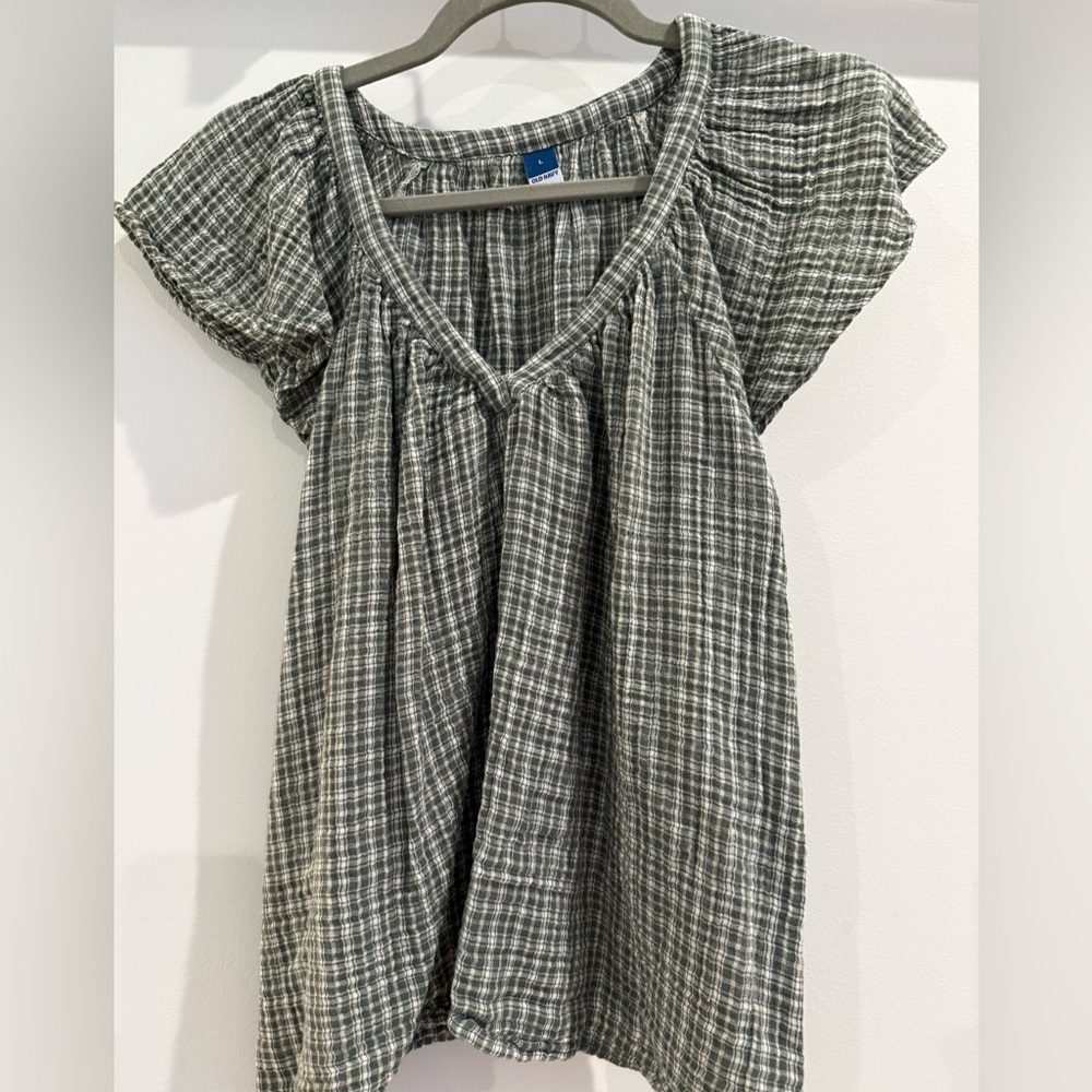 Green Plaid Flutter Sleeve Top